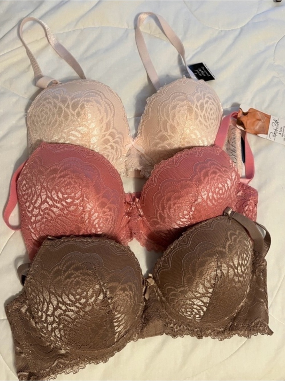 NWT Rene Rofe Lace Padded Underwire Push Up bras set of 3 Pink Rose Brown 40C